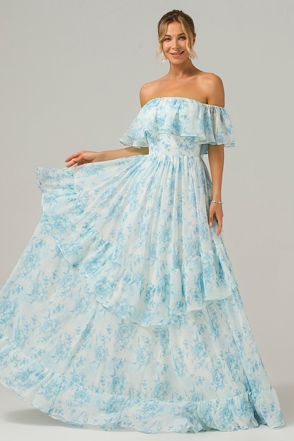 Weißes blaues schulterfreies Boho Brautjungfernkleid mit Blumenmuster und Rüschen