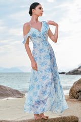 Weiß Blau Blume Stilvolles Chiffon Brautjungfernkleid mit Schlitz