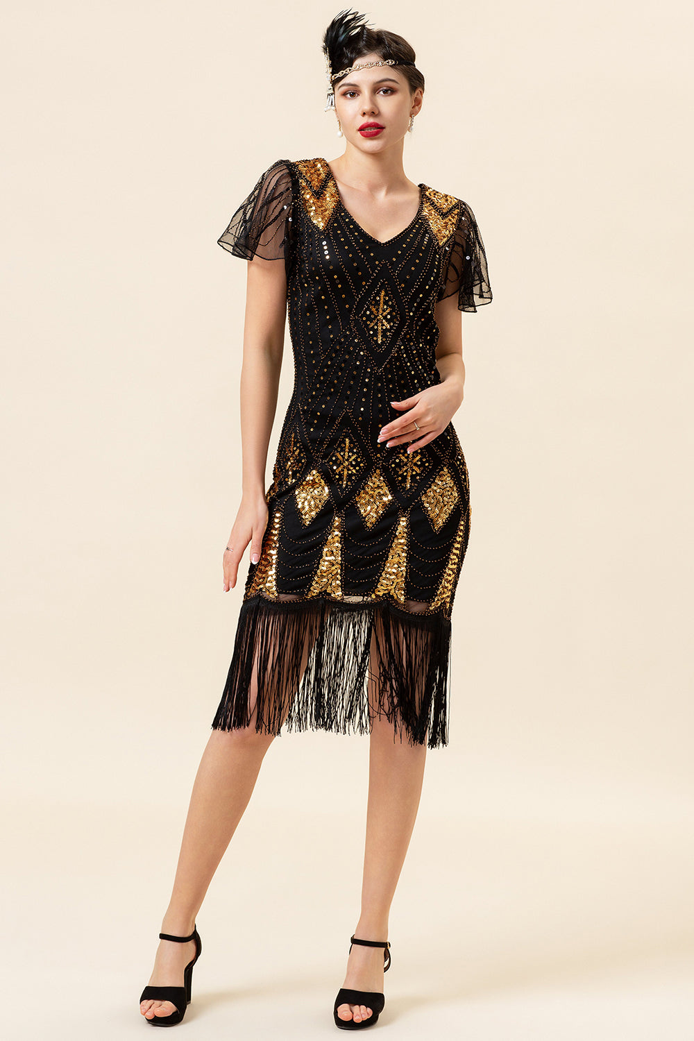 Schwarz und Golden Pailletten Fransen 1920er Jahre Gatsby Kleid mit 20er Jahre Accessoires Set