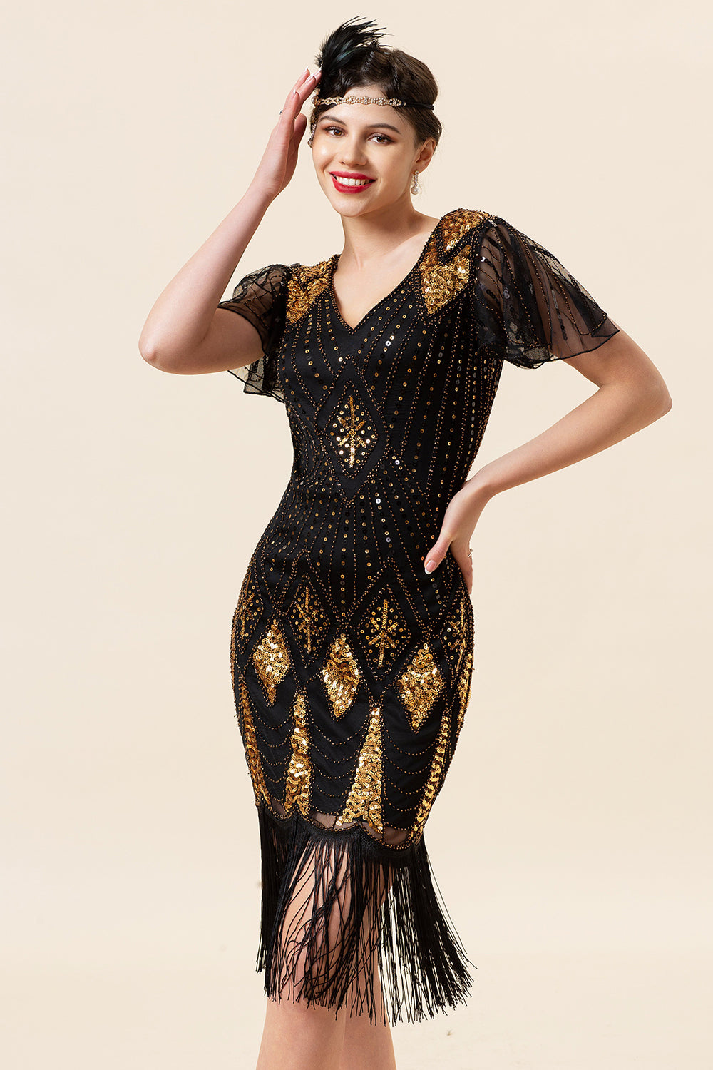 Schwarz und Golden Pailletten Fransen 1920er Jahre Gatsby Kleid mit 20er Jahre Accessoires Set