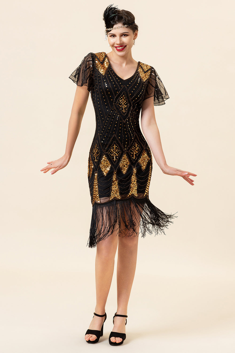 Schwarz und Golden Pailletten Fransen 1920er Jahre Gatsby Kleid mit 20er Jahre Accessoires Set