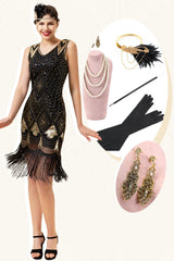 Schwarze und golden Pailletten Fransen 1920er Jahre Gatsby Flapper Kleid mit 20er Jahre Accessoires Set