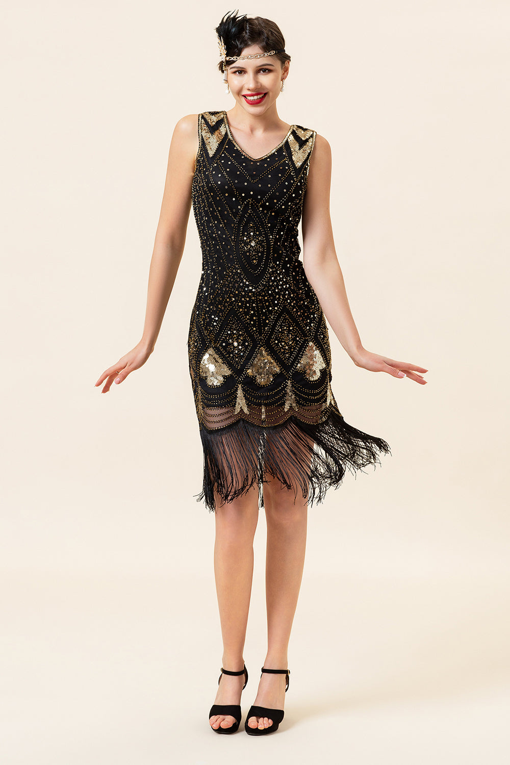 Schwarze und golden Pailletten Fransen 1920er Jahre Gatsby Flapper Kleid mit 20er Jahre Accessoires Set