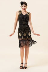 Schwarze und golden Pailletten Fransen 1920er Jahre Gatsby Flapper Kleid mit 20er Jahre Accessoires Set