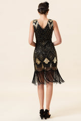 Schwarze und golden Pailletten Fransen 1920er Jahre Gatsby Flapper Kleid mit 20er Jahre Accessoires Set