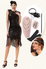 Schwarze Pailletten Fransen 1920er Jahre Gatsby Flapper Kleid mit 20er Jahre Accessoires Set