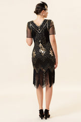 Schwarz und Golden Kurzärmel Pailletten Fransen 1920er Jahre Gatsby Flapper Kleid mit 20er Jahre Accessoires Set