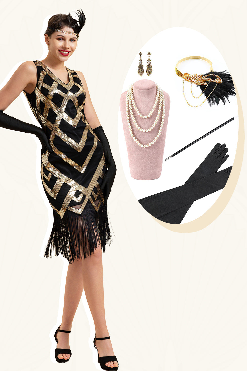 Goldenes ärmelloses Fransen Flapper Kleid mit 1920er Accessoires Set