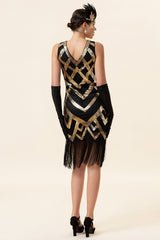 Goldenes ärmelloses Fransen Flapper Kleid mit 1920er Accessoires Set