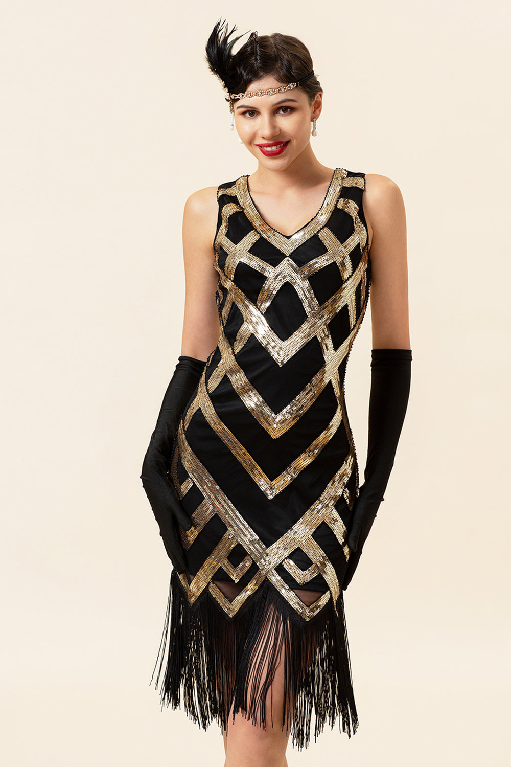 Goldenes ärmelloses Fransen Flapper Kleid mit 1920er Accessoires Set