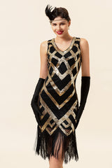 Goldenes ärmelloses Fransen Flapper Kleid mit 1920er Accessoires Set