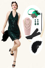 Neckholder Grün Pailletten Gatsby Kleid mit 20er Jahre Accessoires Set