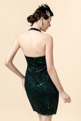 Neckholder Grün Pailletten Gatsby Kleid mit 20er Jahre Accessoires Set