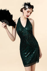 Neckholder Grün Pailletten Gatsby Kleid mit 20er Jahre Accessoires Set