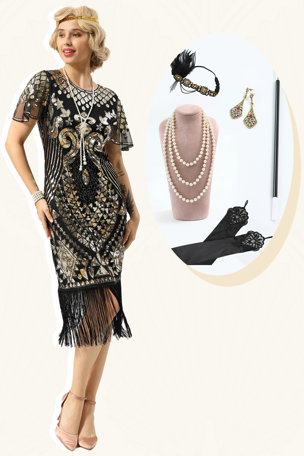 Schwarze Pailletten Fransen Kappenärmel Kleid aus den 1920er Jahren mit Accessoires Set