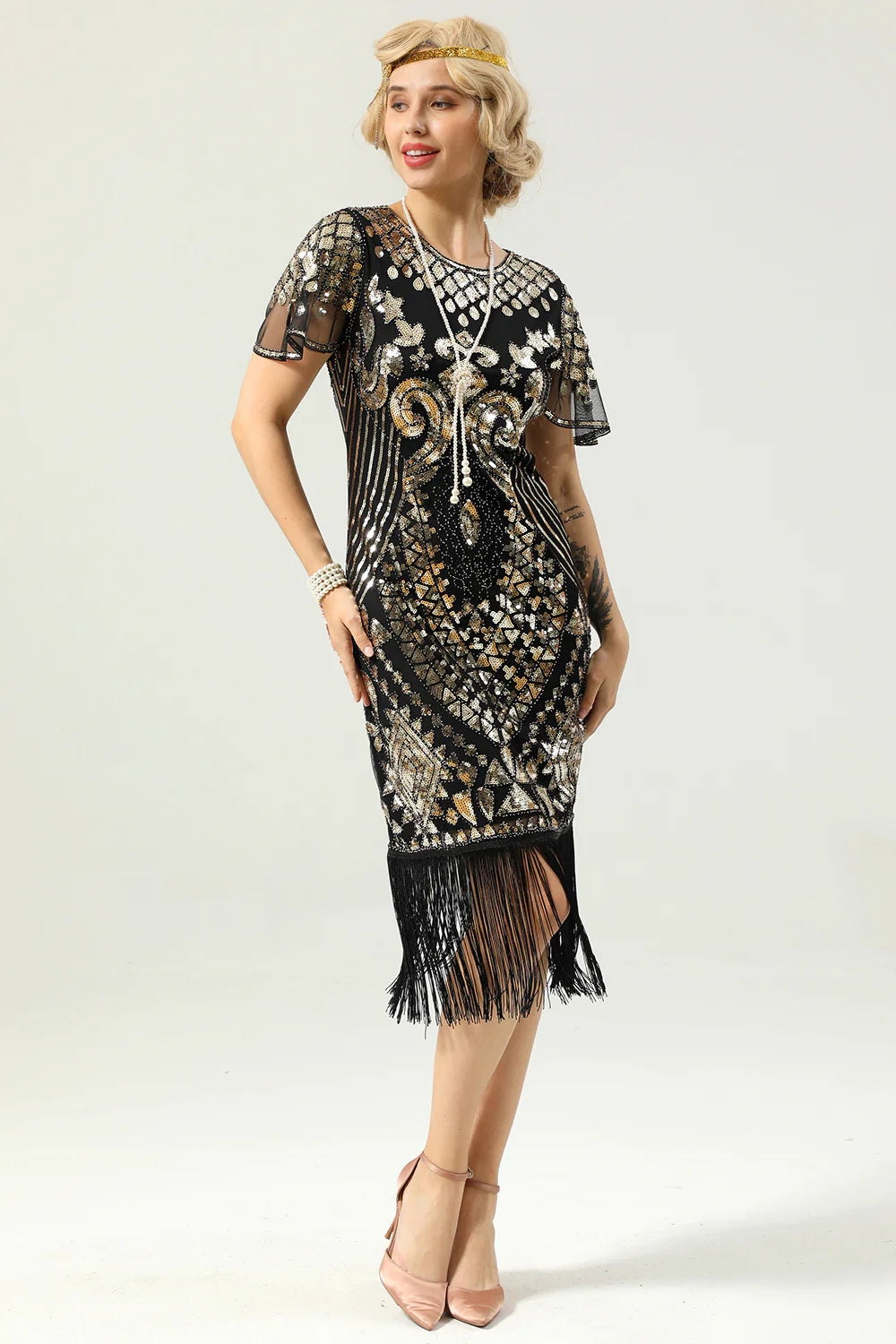 Schwarze Pailletten Fransen Kappenärmel Kleid aus den 1920er Jahren mit Accessoires Set