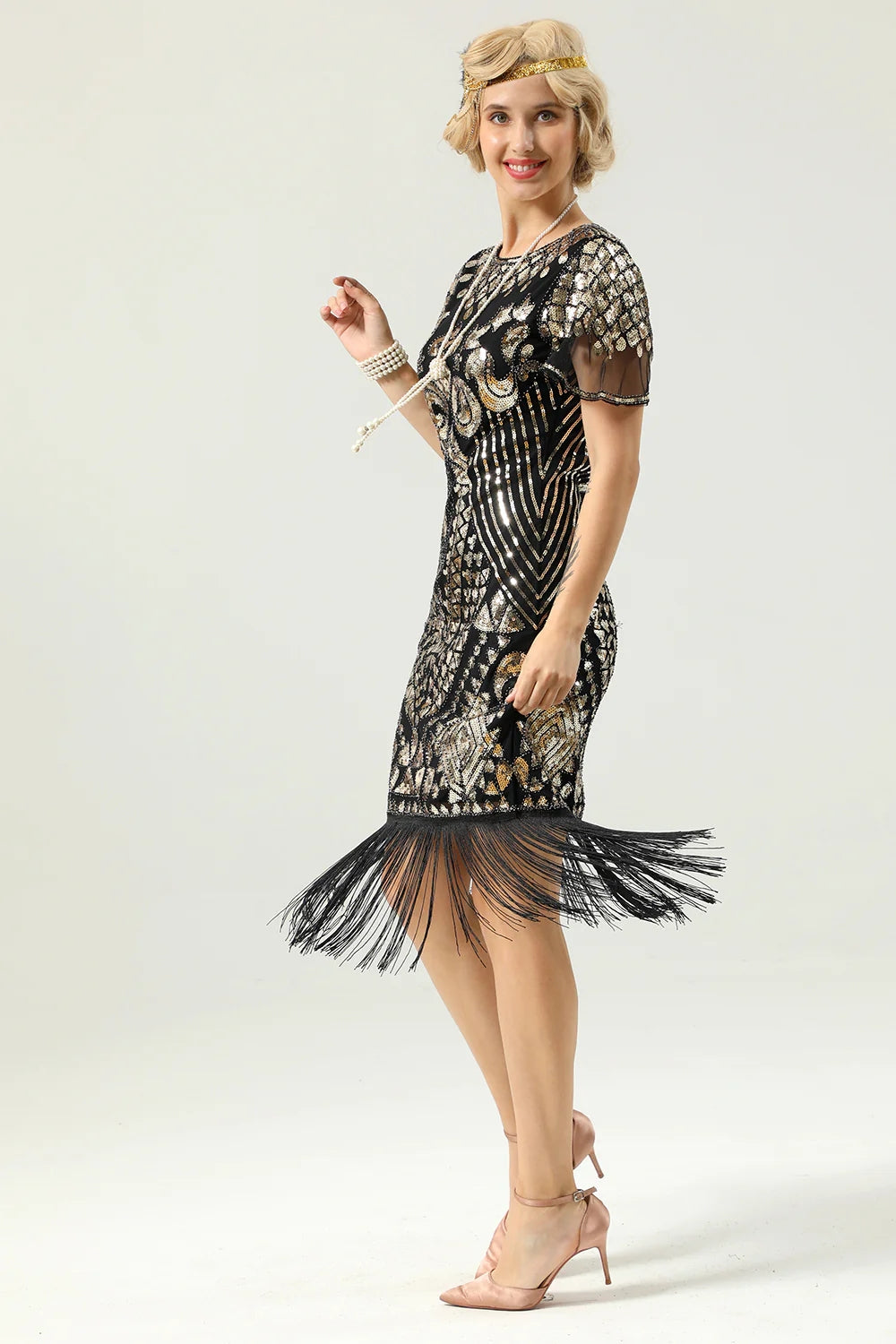 Schwarze Pailletten Fransen Kappenärmel Kleid aus den 1920er Jahren mit Accessoires Set
