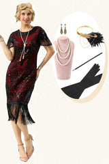 Schwarzes rotes Pailletten Fransen Kappenärmelkleid aus den 1920er Jahren mit Accessoires