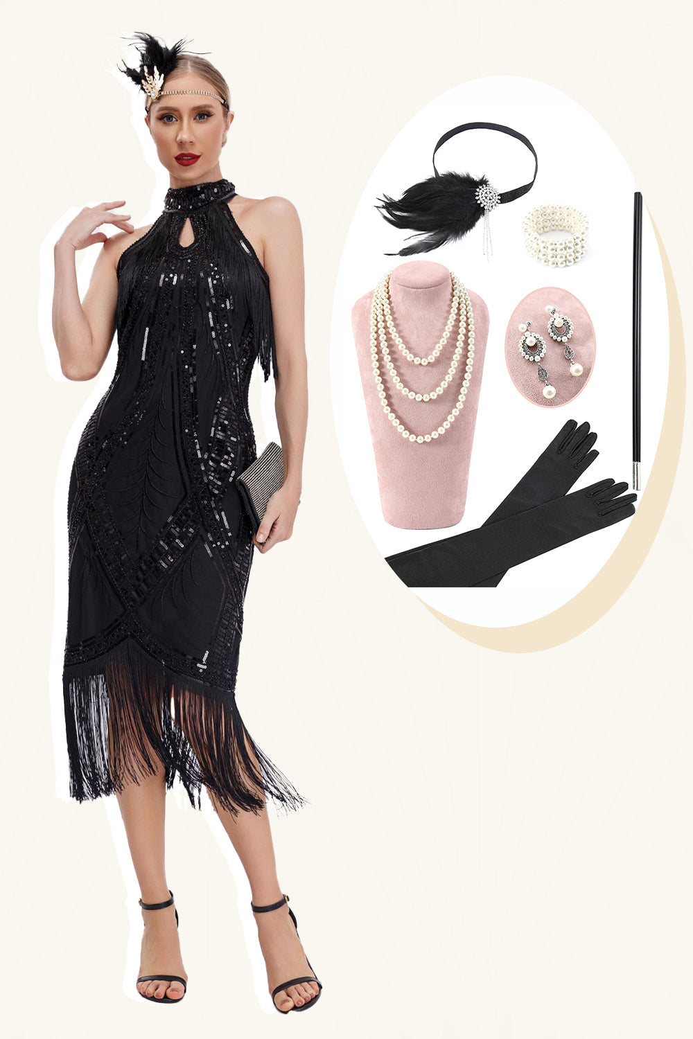 Glitzerndes schwarzes Paillettenkleid mit Rundhalsausschnitt und Fransen aus den 1920er Jahren mit Accessoires