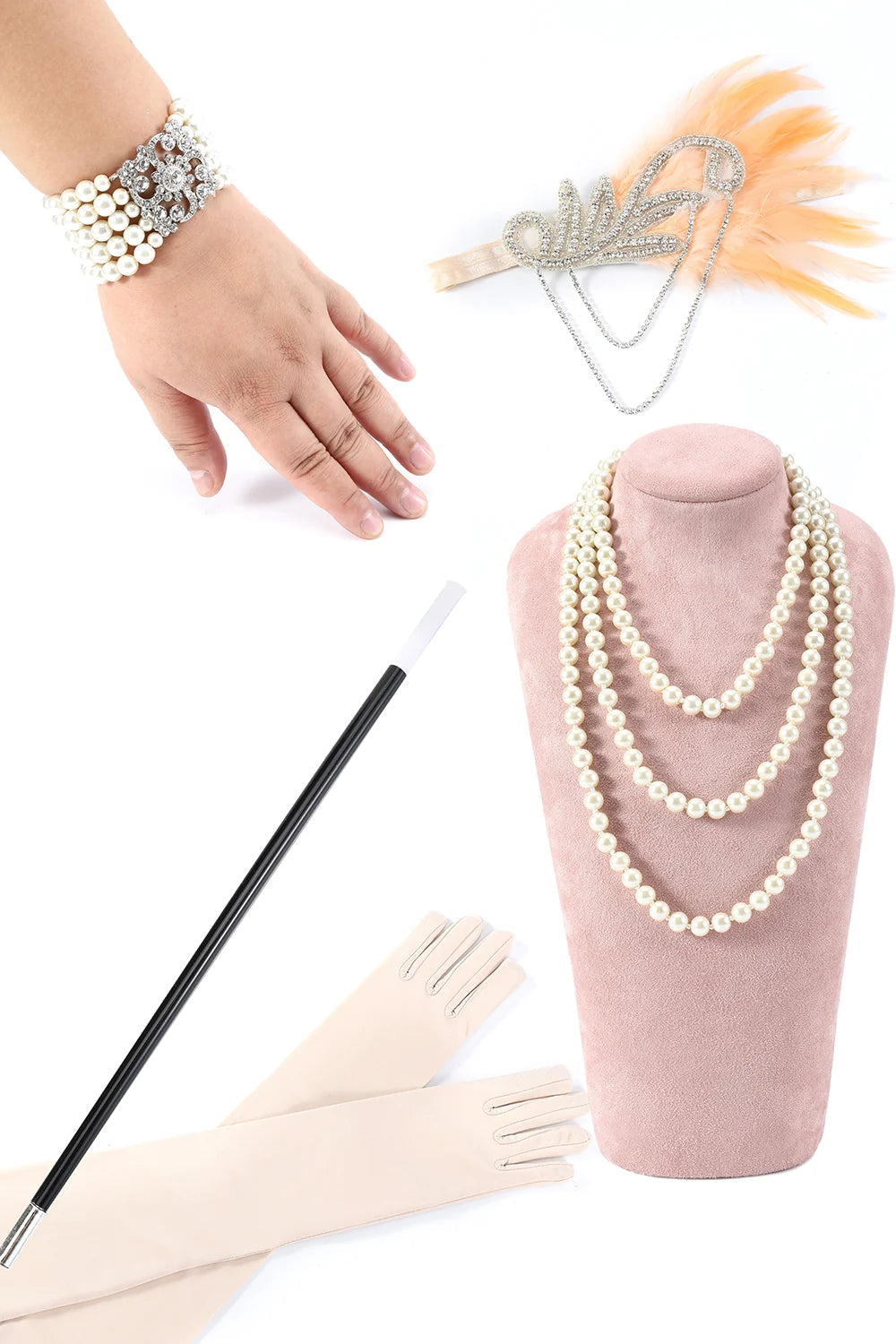 Funkelnd Blush Asymmetrisches Paillettenkleid mit Fransen aus den 1920er Jahren und Accessoires