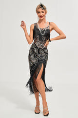 Glitzerndes schwarzes Pailletten fransen Asymmetrisches Gatsby Kleid aus den 1920er Jahren mit Accessoires