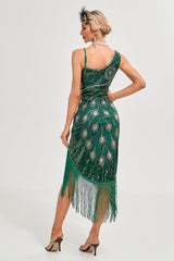 Glitzerndes dunkelgrünes Paillettenfransen Asymmetrisches Gatsby Kleid aus den 1920er Jahren mit Accessoires