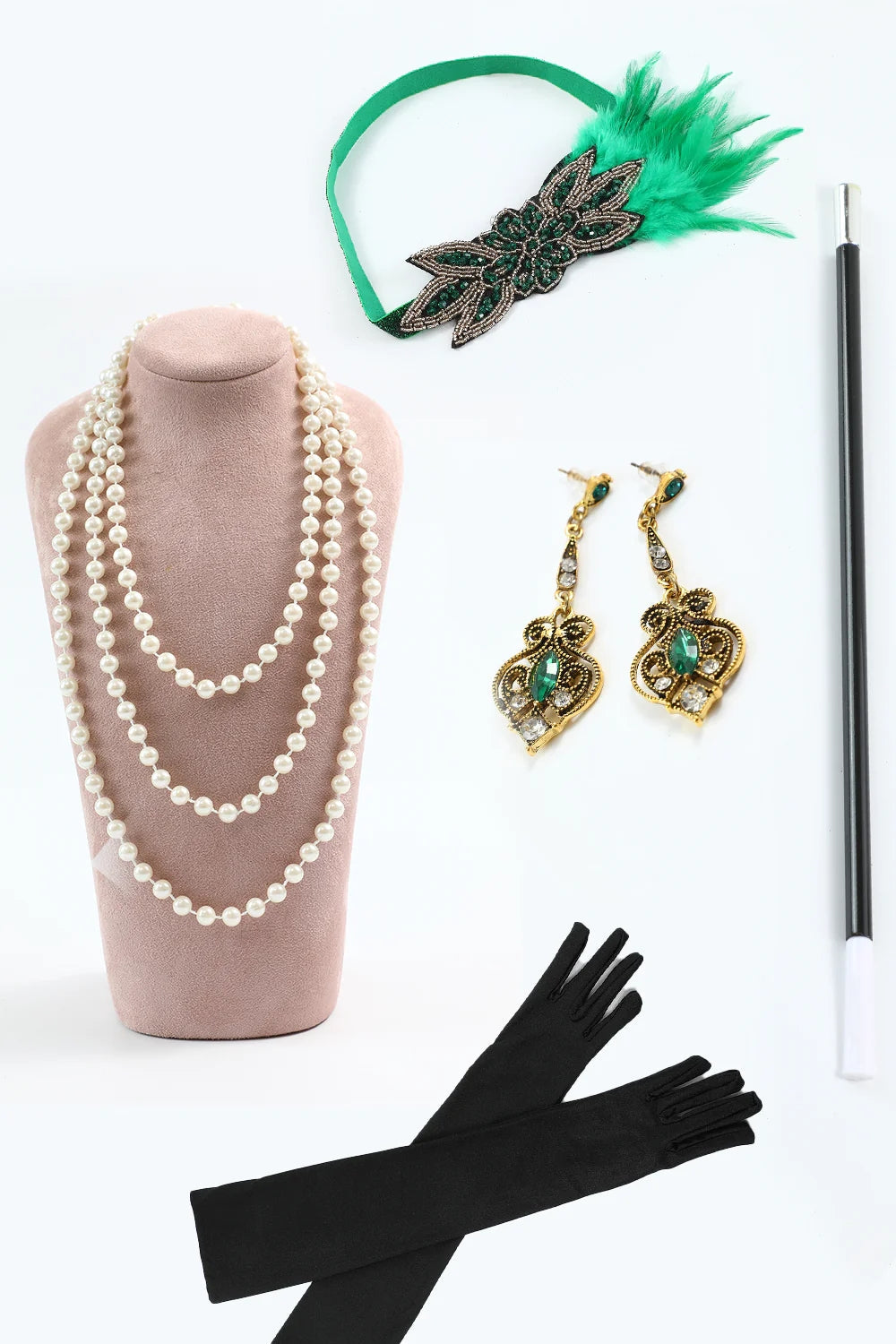Glitzerndes dunkelgrünes Paillettenfransen Asymmetrisches Gatsby Kleid aus den 1920er Jahren mit Accessoires