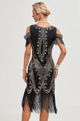 Glitzer schwarze Pailletten Fransen 1920er Jahre Gatsby Kleid mit Accessoires Set