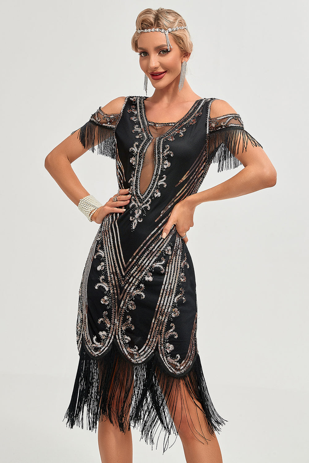 Glitzer schwarze Pailletten Fransen 1920er Jahre Gatsby Kleid mit Accessoires Set