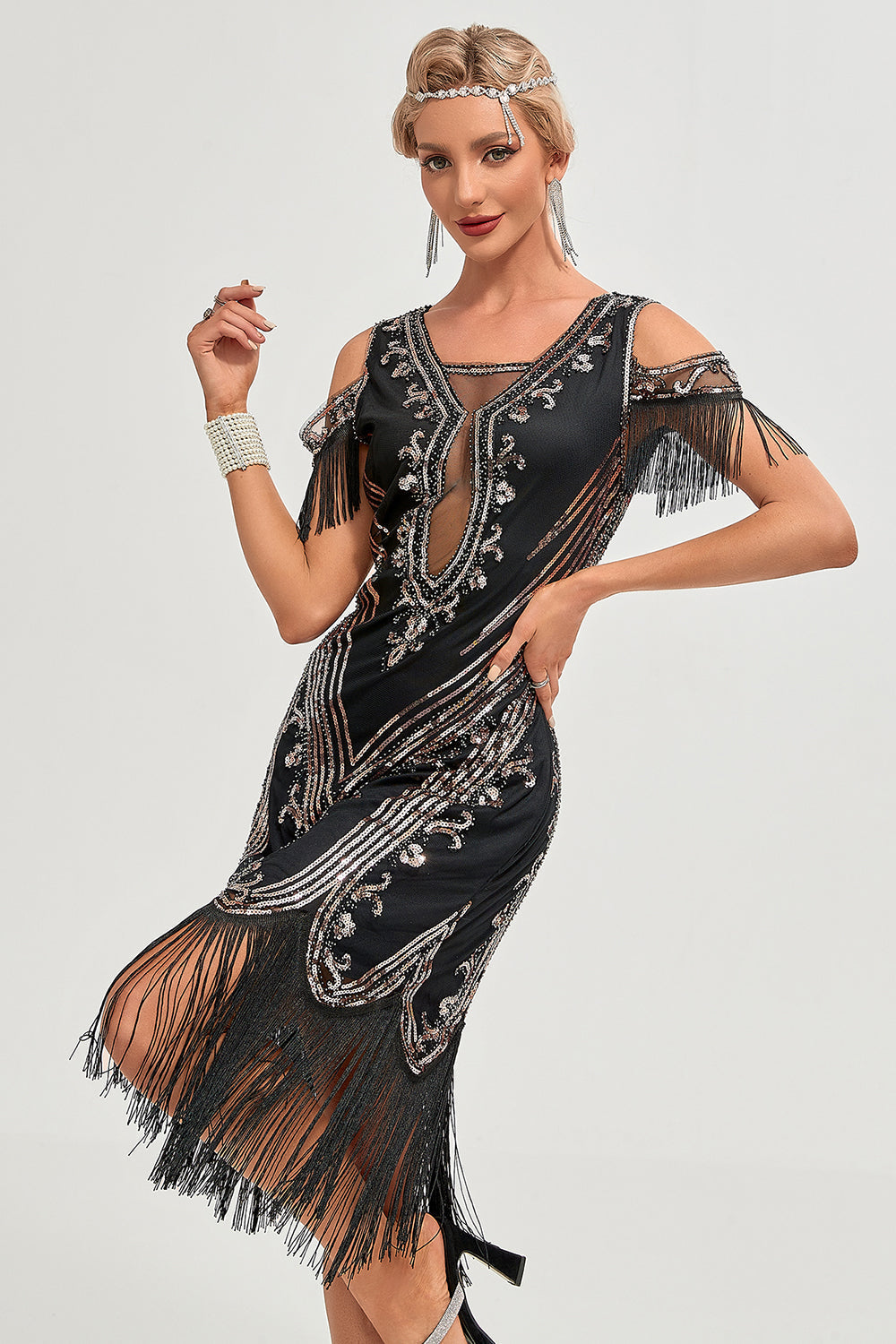 Glitzer schwarze Pailletten Fransen 1920er Jahre Gatsby Kleid mit Accessoires Set