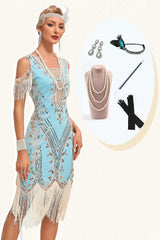Glitter Grün Kalte Schulter Pailletten Fransen 1920er Jahre Gatsby Kleid mit Accessoires Set