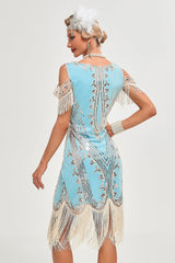 Glitter Grün Kalte Schulter Pailletten Fransen 1920er Jahre Gatsby Kleid mit Accessoires Set