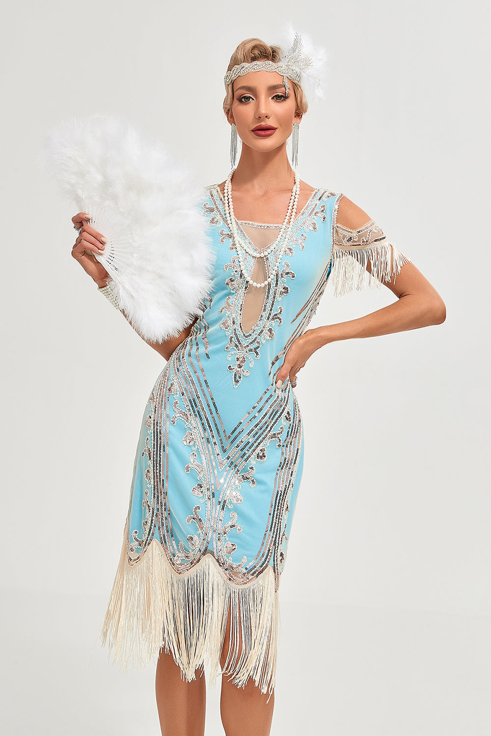 Glitter Grün Kalte Schulter Pailletten Fransen 1920er Jahre Gatsby Kleid mit Accessoires Set