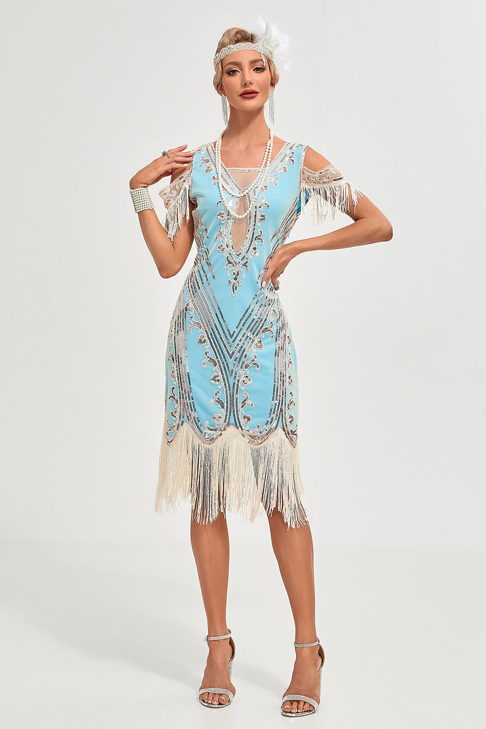 Glitter Grün Kalte Schulter Pailletten Fransen 1920er Jahre Gatsby Kleid mit Accessoires Set