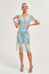 Glitter Grün Kalte Schulter Pailletten Fransen 1920er Jahre Gatsby Kleid mit Accessoires Set