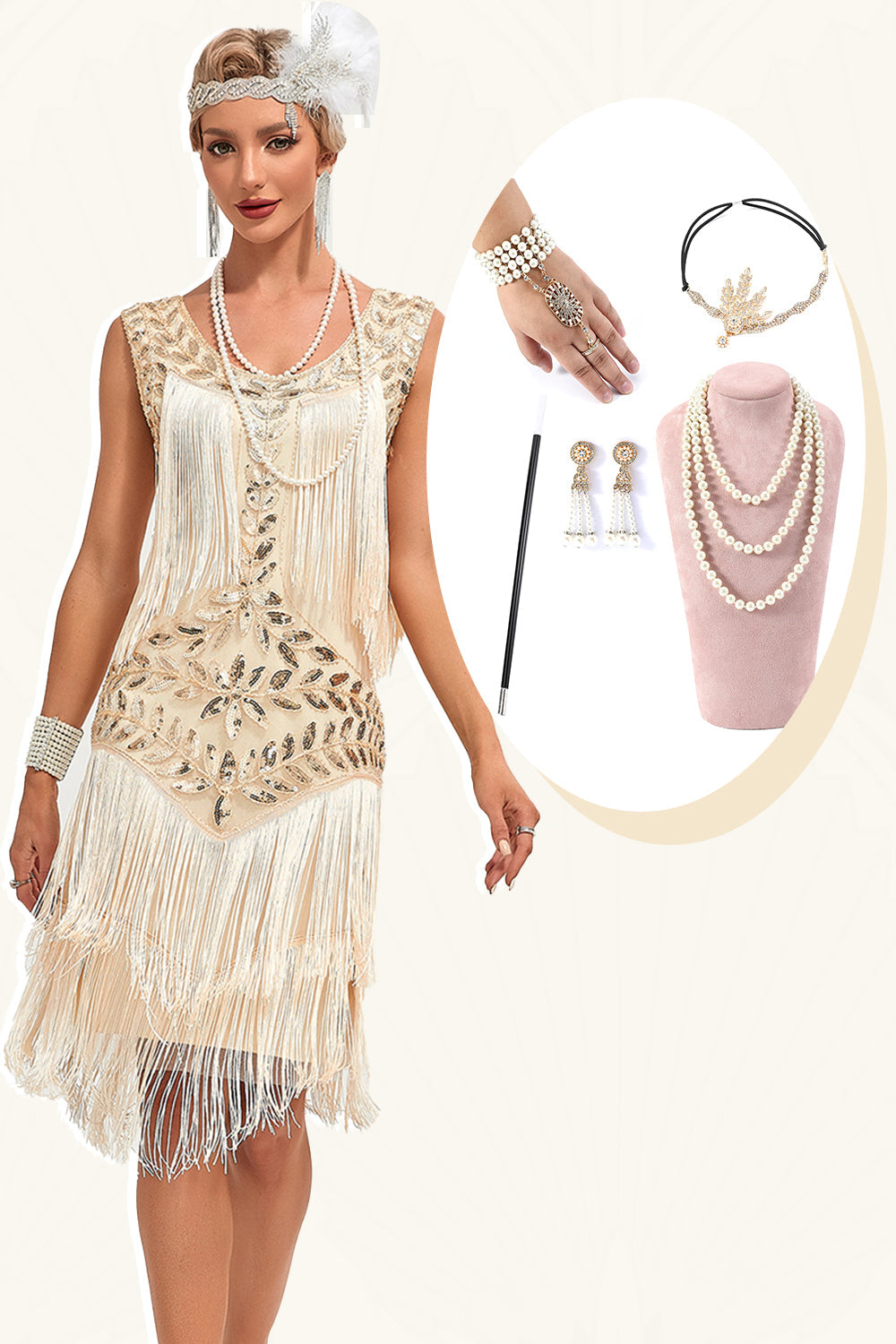 Glitzer Champagner Pailletten Gatsby Kleid mit Fransen aus den 1920er Jahren und Accessoires