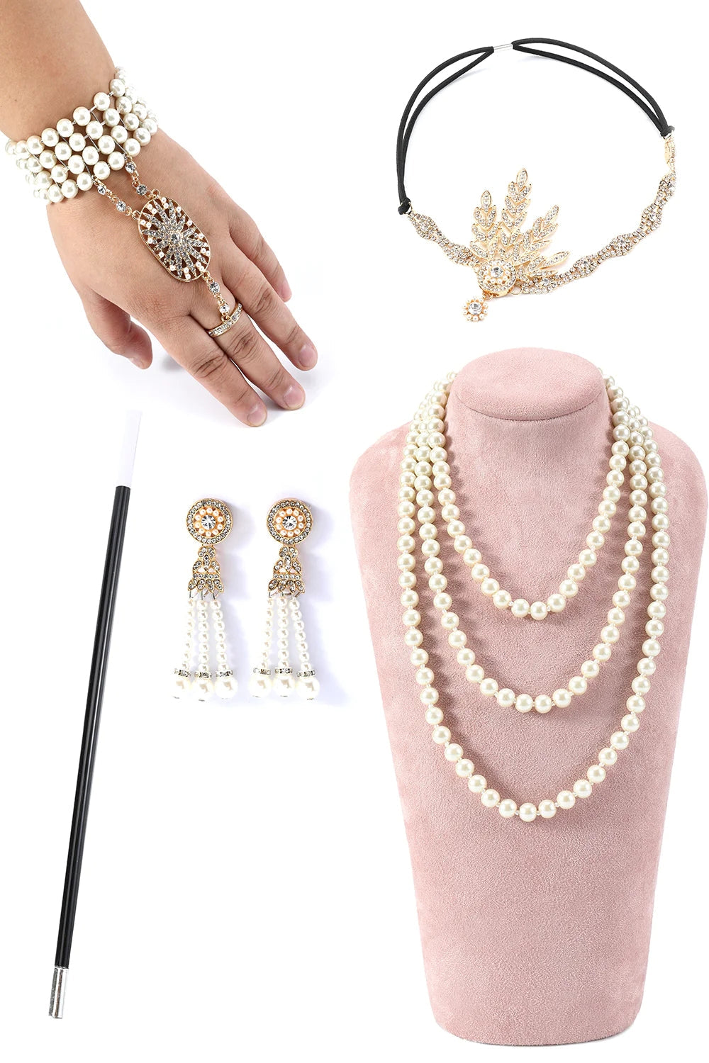 Glitzer Champagner Pailletten Gatsby Kleid mit Fransen aus den 1920er Jahren und Accessoires