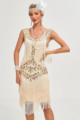 Glitzer Champagner Pailletten Gatsby Kleid mit Fransen aus den 1920er Jahren und Accessoires