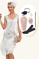 Weißes Pailletten Fransen Flapper Kleid mit Accessoires