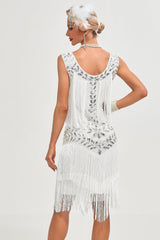 Weißes Pailletten Fransen Flapper Kleid mit Accessoires