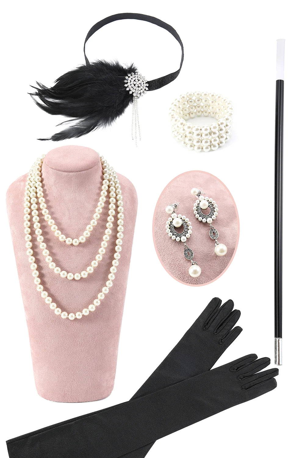 Weißes Pailletten Fransen Flapper Kleid mit Accessoires