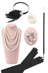 Weißes Pailletten Fransen Flapper Kleid mit Accessoires