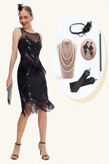 Schwarzes glitzerndes Fransenkleid aus den 1920er Jahren mit Accessoires