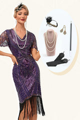 Dunkelviolettes Perlen fransenkleid aus den 1920er Jahren mit Accessoires