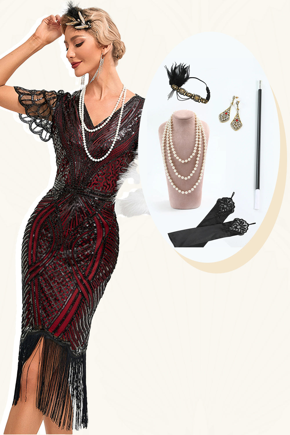 Glitzerndes Fransen Burgunderkleid aus den 1920er Jahren mit Accessoires