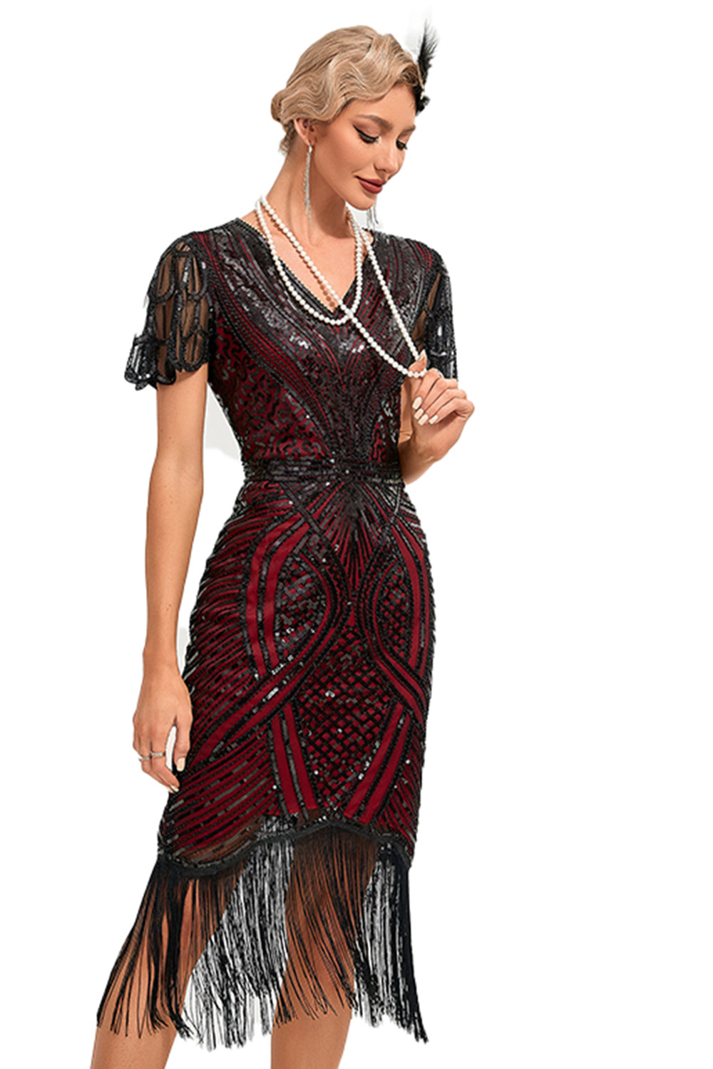 Glitzerndes Fransen Burgunderkleid aus den 1920er Jahren mit Accessoires