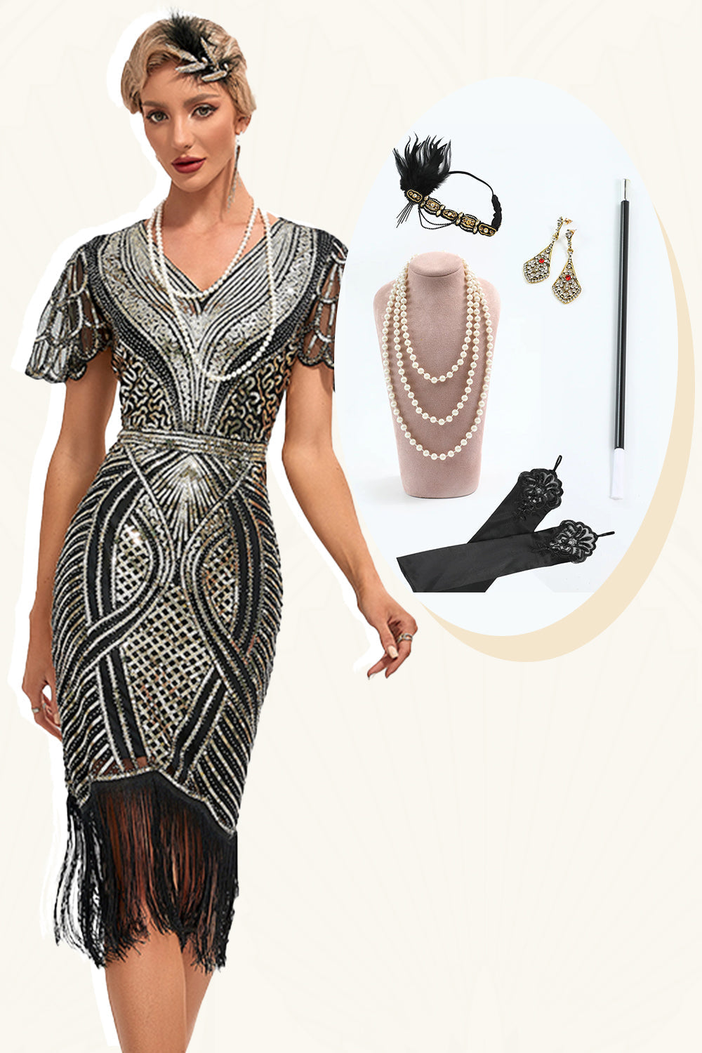 Schwarzes goldenes Glitzer fransenkleid aus den 1920er Jahren mit Accessoires