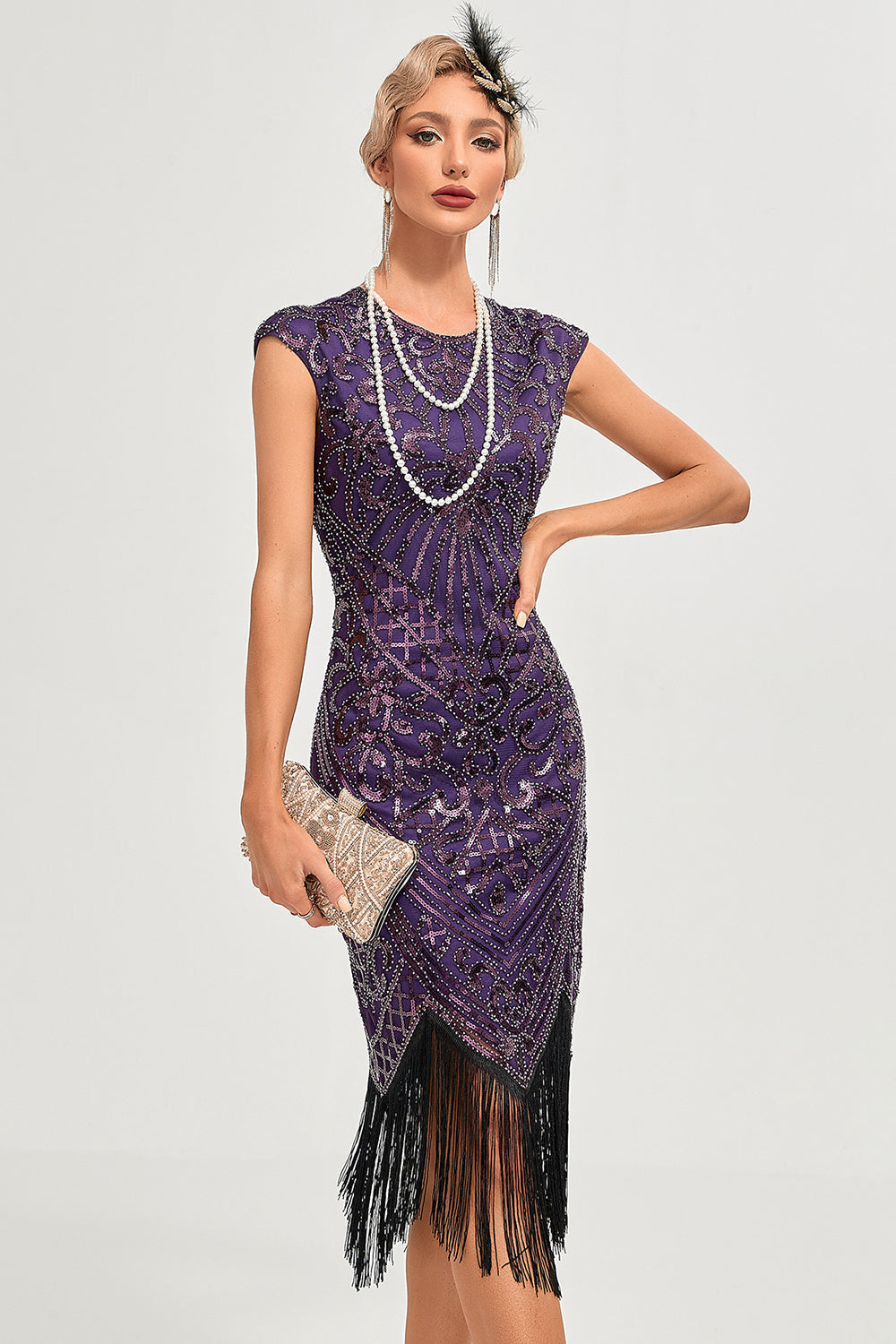 Fransen Dunkellila Perlenkleid aus den 1920er Jahren mit Accessoires Set