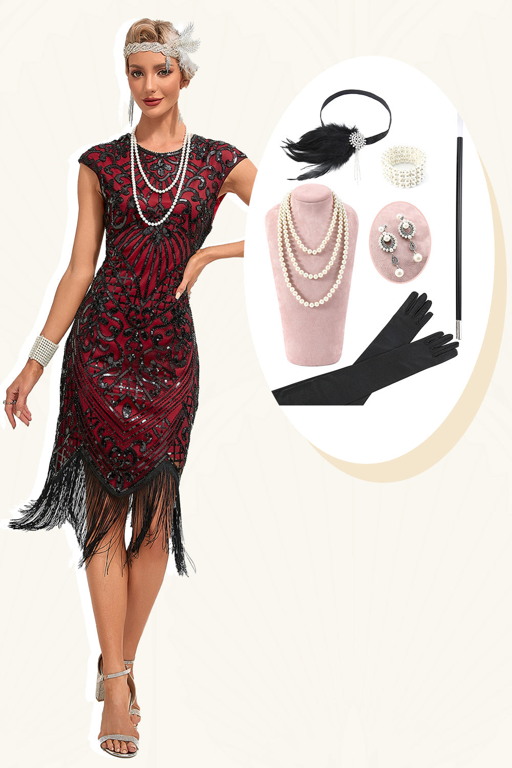 Burgunderrotes Fransen Glitzer Flapper Kleid mit Accessoires