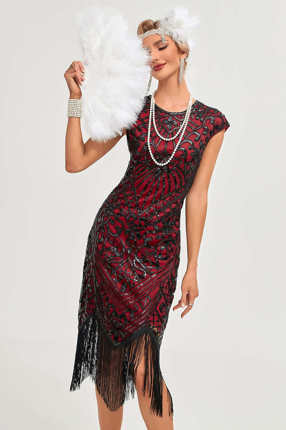 Burgunderrotes Fransen Glitzer Flapper Kleid mit Accessoires